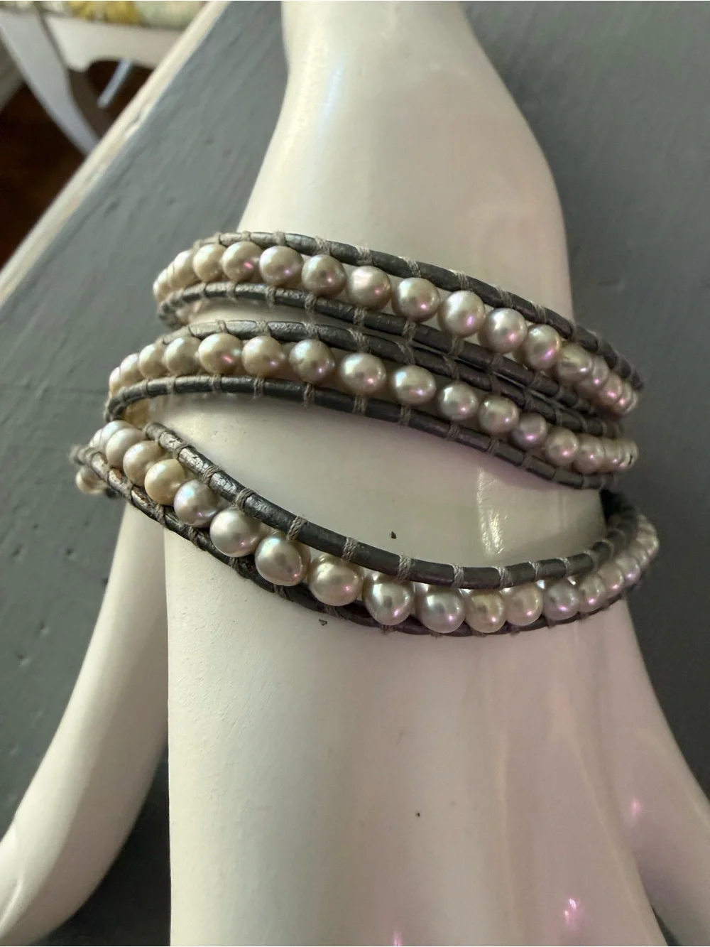 Chan Luu Wrap Grey Leather Pearl Wrap Bracelet